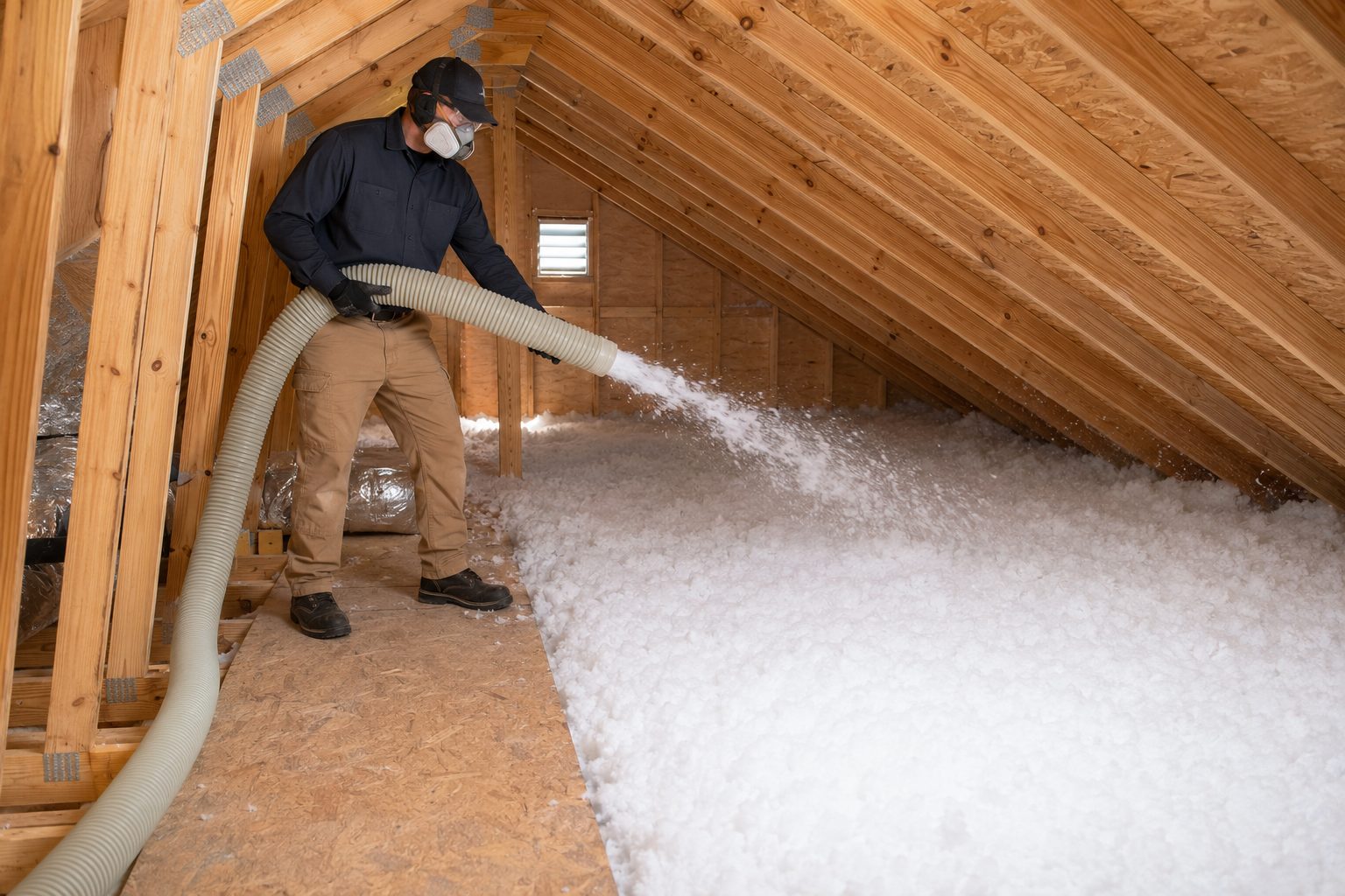 Technician installing fresh blown-in insulation across a residential attic