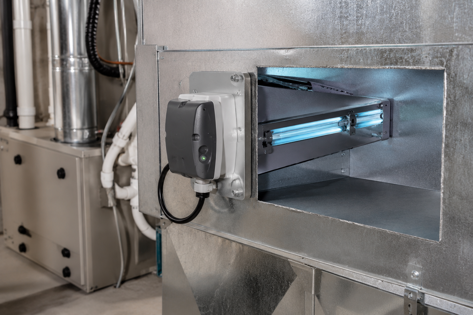 Realistic whole-home air purifier with a purification cell installed inside HVAC ductwork