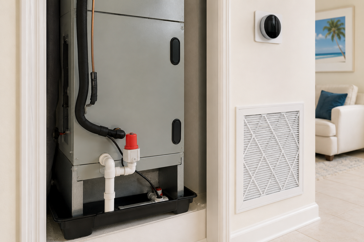 Condensate float switch, smart thermostat, and accessible return-air filter
