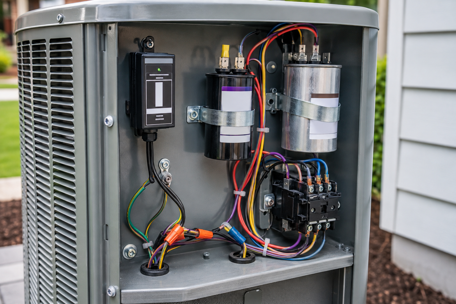 Realistic surge protector, compressor-assist capacitor, run capacitor, contactor, and wiring installed inside an outdoor AC unit