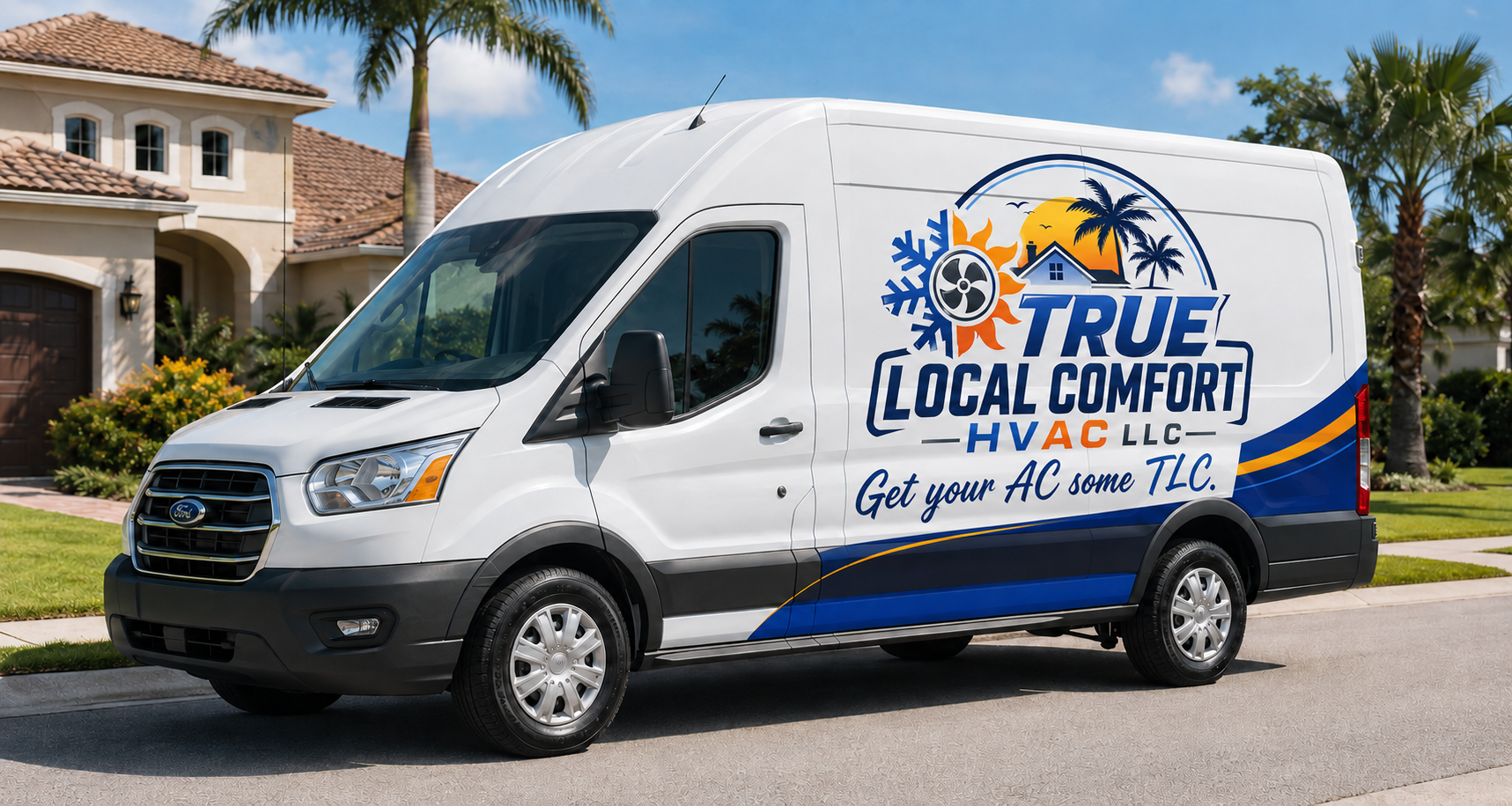 True Local Comfort HVAC service van with the company logo and Get your AC some TLC slogan